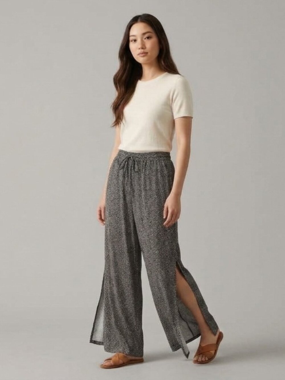 HASHTTAG Wide-Leg Pull-On Deep Slits Pants Semi-Sheer Black/White Polka Dots M